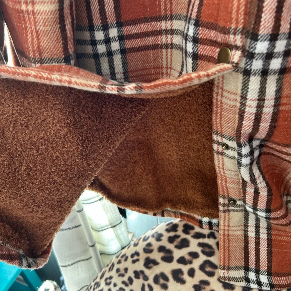 Orange Plaid Sherpa-Lined Hooded Utility Jacket - Picture 5 of 11